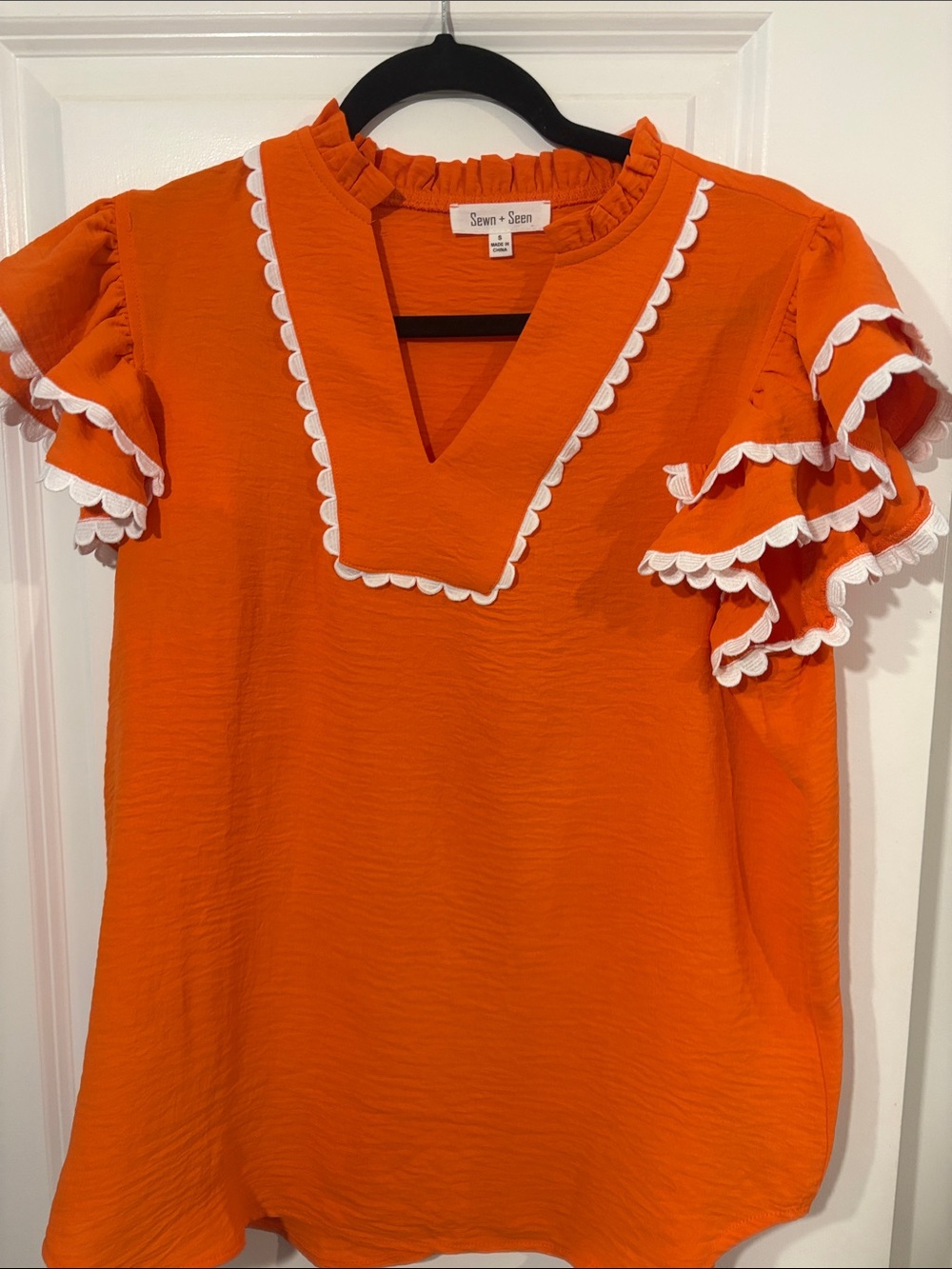 Orange Ruffle Sleeve Scallop-Trim Blouse
